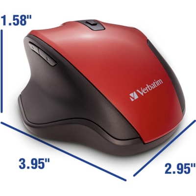 Verbatim Silent Ergonomic Wireless Blue LED Mouse - Red - Blue LED/Optical - Wireless - Radio Frequency - 2.40 GHz - Red - USB - 1600 dpi - 6 Button(s) - 1 Each RED 