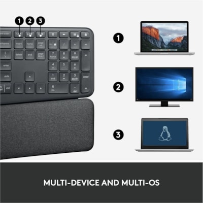 Logitech ERGO K860 Split Ergonomic Keyboard - Wireless Connectivity - Bluetooth/RF - 32.81 ft (10000 mm) - 2.40 GHz - USB Interface - Windows, Mac OS - AAA Battery Size Supported - Black ERGO WIRELESS KEYBOARD BLACK 