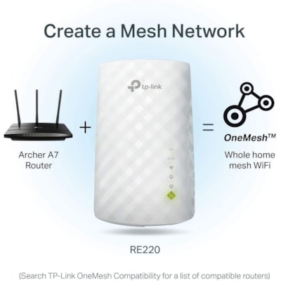 TP-Link RE220 Dual Band IEEE 802.11ac 750 Mbit/s Wireless Range Extender - 2.40 GHz, 5 GHz - 3 x Internal Antenna(s) - Internal - 1 x Network (RJ-45) - Fast Ethernet - 6.50 W - Wall Mountable  