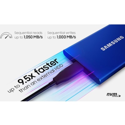 Samsung T7 MU-PC2T0H/AM 2 TB Portable Solid State Drive - External - PCI Express NVMe - Indigo Blue - Gaming Console, Desktop PC, Smartphone, Tablet Device Supported - USB 3.2 (Gen 2) Type C - 1050 MB/s Maximum Read Transfer Rate - 256-bit Encryption Standard - 3 Year Warranty PRTBL SSD-BLU 