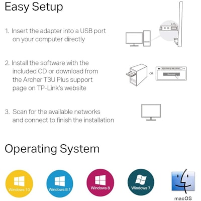TP-Link T3U Plus IEEE 802.11ac Dual Band Wi-Fi Adapter for Desktop Computer, Notebook - USB 3.0 - 1.27 Gbit/s - 2.40 GHz ISM - 5 GHz UNII - External  
