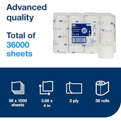 TORK Advanced Coreless High Capacity Bath Tissue - 2 Ply4" (101.60 mm) Length - 1000 Sheets/Roll - 4.75" (120.65 mm) Roll Diameter - White - 36 / Carton 2-PLY WHT 1000-SHT CORELESS 