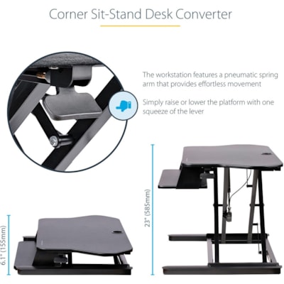 StarTech.com Corner Sit Stand Desk Converter with Keyboard Tray, Large Surface 35"x21" , Height Adjustable Ergonomic Tabletop Standing Desk - Corner sit-stand desk converter w/ 35.7x20in area - Height adjustable standing desk converter (6.1-23in from desk) - Assembled - Ergonomic stand up workstatio  