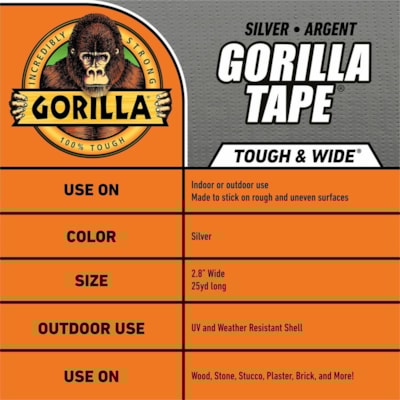 Gorilla Tape - 30 yd (27.4 m) Length x 1.88" (47.8 mm) Width - Silver - 1 Each 2.88IN.X30YD TOUGH AND WIDE