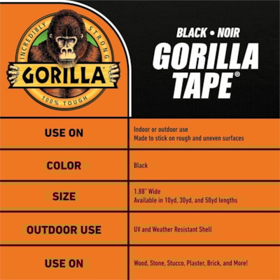 Gorilla - Ruban adhésif de conduite 105629 - longueur de 30 vg (27,4 m) x largeur de 1,88 po (47,8 mm) - Noir - 1 chaque 1.88 PO X30YD 