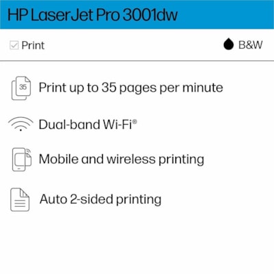 HP LaserJet Pro 3000 3001dw Desktop Wireless Laser Printer - Monochrome - 35 ppm Mono - 1200 x 1200 dpi Print - Automatic Duplex Print - 250 Sheets Input - Ethernet - Wireless LAN - HP Smart App, Apple AirPrint, Mopria, Wi-Fi Direct - 50000 Pages Duty Cycle - Plain Paper Print - Fast Ethernet - USB  