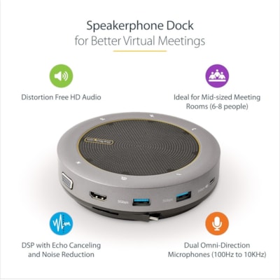 StarTech.com USB-C Speakerphone Docking Station, Mini Portable Conference Speaker/Audio Dock, VGA/4K HDMI, USB Hub, Teams/Zoom/Softphone - USB-C speakerphone mini dock; HDMI 4K 60Hz/1080p VGA video - 2x USB-A 3.2/3.1 5Gbps Hub - USB Type-C power/5Gbps data port/100W PD Pass-Through - 22in (56cm) wra  PERP 