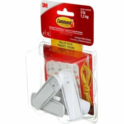 Command Hook - 6 Hooks - 6 Medium Hook - 3 lb (1360.78 g) Capacity - for Dorm, Glass, Home, Office, Paint, Smooth Surface, Tile, Tool, Wood - Plastic - White - 6 Pack  