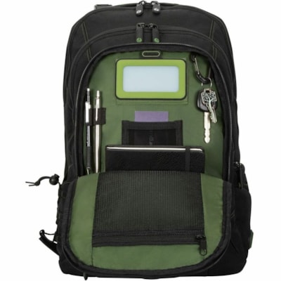 Targus Spruce EcoSmart TBB013US Carrying Case (Backpack) for 15.6" to 16" Notebook, Workstation, Accessories - Black, Green  - Drop Resistant, Bump Resistant - Polyester, Fabric, Plastic Body - Checkpoint Friendly - Shoulder Strap, Trolley Strap - 18.75" (476.25 mm) Height x 13" (330.20 mm) Width x   CASE 