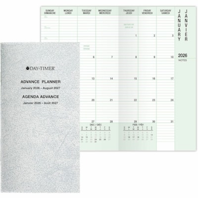 Day-Timer 2026 Wirebound Dated Refill 2 Pages/Day Pocket - 6-1/2" H x 3-1/2" W - Bilingual - Pocket - Daily - 12 Month - January 2026 to December 2026 - 8:00 AM to 5:00 PM - Quarter-hourly - 1 Day Double Page Layout - 3 1/2" (88.90 mm) x 6 1/2" (165.10 mm) Sheet Size - Spiral Bound - Green - Paper C 3-1/2 X 6-1/2 BILINGUAL 30% PCW