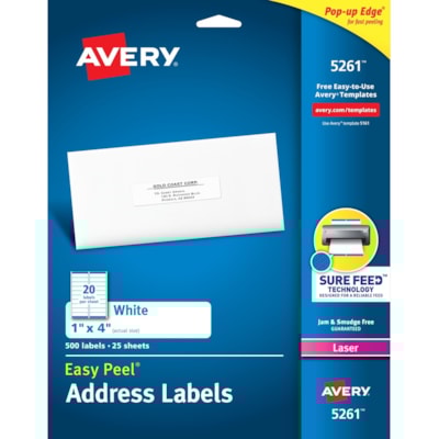 Avery® Easy Peel Address Labels - 1" (25.40 mm) Width x 4" (101.60 mm) Length - Permanent Adhesive - Rectangle - Laser - White - Paper - 20 / Sheet - 25 Total Sheets - 500 Total Label(s) - 500 / Pack PERM. POP-UP EDGE  WHITE 4"X1"  500 LBLS/PKG LASER
