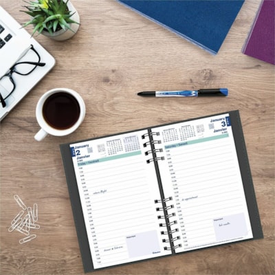 Blueline 2026 CoilPro 12-Month Daily Planner - January to December - 8" x 5" - Assorted Colours - Bilingual - Julian Dates - Daily - 12 Month - January 2026 to December 2026 - 7:00 AM to 7:30 PM - Half-hourly - 1 Day Single Page Layout - 5" (127 mm) x 8" (203.20 mm) Sheet Size - Twin Wire - Assorted  