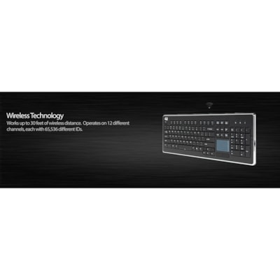 Adesso Wireless Desktop Touchpad Keyboard - Wireless Connectivity - RF - 30 ft (9144 mm) - 2.40 GHz - USB Interface - 104 Key(s) - On/Off Switch Hot Key(s) - English (US) - QWERTY Layout - Desktop Computer - TouchPad - Membrane Keyswitch - AAA Battery Size Supported - Black top Touchpad Keyboard ard (glazing black c