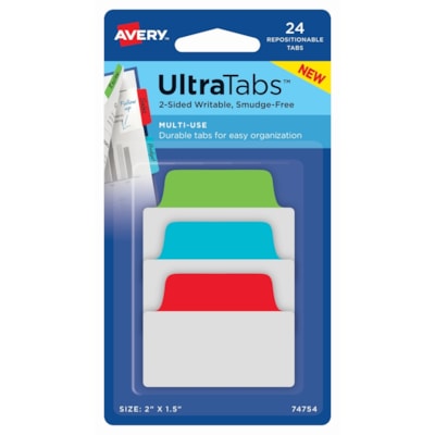 Avery® - Intercalaire 74757 - 48 Onglet(s) - hauteur de l'onglet 1,50 po (38,10 mm) x largeur de l'onglet 2 po (50,80 mm) - Tab Rouge Film, clair Papier, Bleu, Vert - 48 / emballage VERT  BLEU  ROUGE COULEURS PRIM. - EMB. DE 48