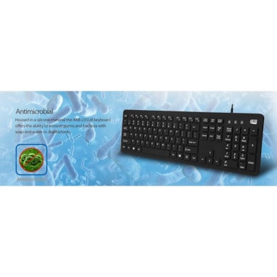 Adesso - Clavier AKB-235UB - Antimicrobial Waterproof Desktop - Câble Connectivité - USB Interface - 104 Touche(s) - Anglais (USA) - QWERTY Disposition - Ordinateur, MAC - Pavé tactile - PC, Windows, Mac OS - Membrane Pavé Numérique - Noir  avancÃ© silicone desktop clav ier - protÃ¨ge contr