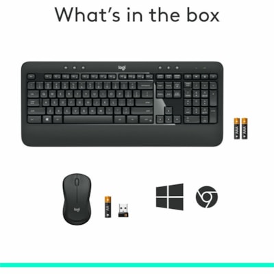 Logitech MK540 Advanced Wireless Keyboard and Mouse Combo for Windows, 2.4 GHz Unifying USB-Receiver, Multimedia Hotkeys, 3-Year Battery Life, for PC, Laptop - USB Wireless RF Keyboard - Black - USB Wireless RF Mouse - Optical - 1000 dpi - Scroll Wheel - QWERTY - Black - Media Player, Calculator, On d - QWERTY - Optical - Wireles s - USB - Windows 7