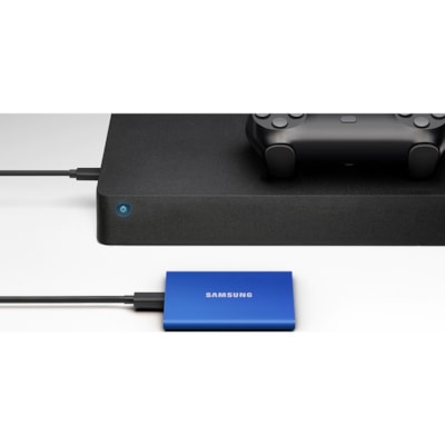 Samsung T7 MU-PC2T0R/WW 1 TB Portable Solid State Drive - External - PCI Express NVMe - Indigo Blue - Gaming Console, Desktop PC, Smartphone, Tablet Device Supported - USB 3.2 (Gen 2) Type C - 1050 MB/s Maximum Read Transfer Rate - 256-bit Encryption Standard - 3 Year Warranty PRTBL SSD-BLU 