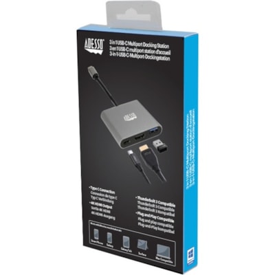 Adesso 3-IN-1 USB-C Multi-Port Docking Station (TAA Compliant) - for Notebook, Monitor, Projector, Smartphone, Tablet, TV - Charging Capability - USB Type C - 4K @30Hz - 3840 x 2160 - 2 x USB Ports - 1 x USB 3.0 - 1 x USB Type-A Ports - USB Type-A - 1 x USB Type-C Ports - USB Type-C - HDMI - Wired - Docking Station with 1xTypeC p ort  1x USB 3.0-A+PD