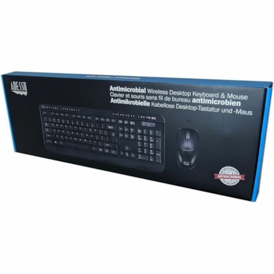 Adesso Antimicrobial Wireless Desktop Keyboard and Mouse - USB Membrane Wireless RF 2.40 GHz Keyboard - French - USB Wireless RF Mouse - Optical - 1200 dpi - Scroll Wheel - Media Player, Volume Down, Volume Up, Mute, Play/Pause, Previous Track, Next Track, Stop, My Computer, Search, Calculator, ...  keyboard & mouse combo French Canadian