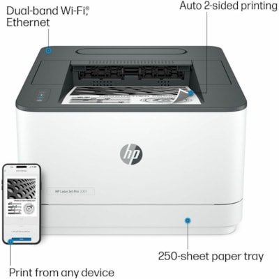 HP LaserJet Pro 3000 3001dw Desktop Wireless Laser Printer - Monochrome - 35 ppm Mono - 1200 x 1200 dpi Print - Automatic Duplex Print - 250 Sheets Input - Ethernet - Wireless LAN - HP Smart App, Apple AirPrint, Mopria, Wi-Fi Direct - 50000 Pages Duty Cycle - Plain Paper Print - Fast Ethernet - USB  