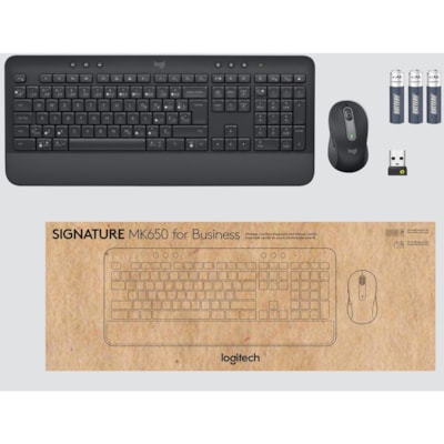 Logitech Signature MK650 Combo for Business Wireless Mouse and Keyboard Combo - USB Plunger Wireless Bluetooth/RF Keyboard - 118 Key - French - Graphite - USB Wireless Bluetooth/RF Mouse - 4000 dpi - Scroll Wheel - Graphite - AA - Compatible with PC, Mac  