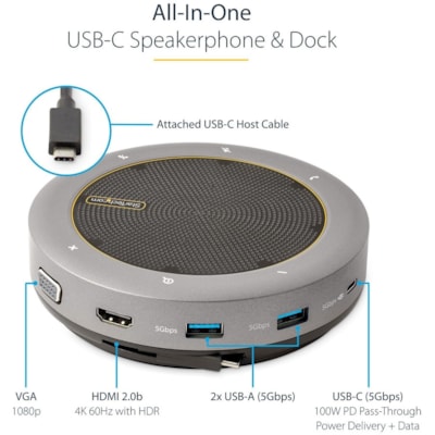 StarTech.com USB-C Speakerphone Docking Station, Mini Portable Conference Speaker/Audio Dock, VGA/4K HDMI, USB Hub, Teams/Zoom/Softphone - USB-C speakerphone mini dock; HDMI 4K 60Hz/1080p VGA video - 2x USB-A 3.2/3.1 5Gbps Hub - USB Type-C power/5Gbps data port/100W PD Pass-Through - 22in (56cm) wra  PERP 