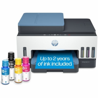 HP - Imprimante multifonction à jet d'encre 7602 Filaires et Sans fil Smart Tank - Couleur - Copieur/Télécopieur/Imprimante/Scanner - 4800 x 1200 dpi Impression - Automatique Recto/Verso - jusqu'à 6000 Pages mensuelles - Couleur Scanner à Plat Scanner - 1200 dpi Scanner   