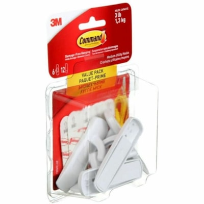 Command Hook - 6 Hooks - 6 Medium Hook - 3 lb (1360.78 g) Capacity - for Dorm, Glass, Home, Office, Paint, Smooth Surface, Tile, Tool, Wood - Plastic - White - 6 Pack  