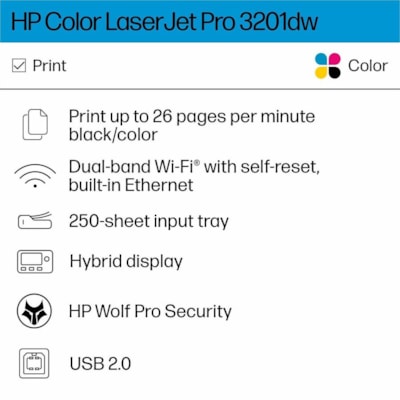 HP LaserJet Pro 3201dw Wireless Laser Printer - Color - 26 ppm Mono / 26 ppm Color - 600 x 600 dpi Print (600 x 600 dpi class) - Automatic Duplex Print - 250 Sheets Input - Ethernet - Wireless LAN - Plain Paper Print - Gigabit Ethernet - USB  