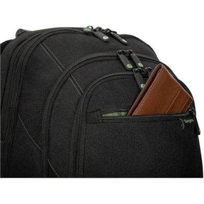 Targus Spruce EcoSmart TBB013US Carrying Case (Backpack) for 15.6" to 16" Notebook, Workstation, Accessories - Black, Green  - Drop Resistant, Bump Resistant - Polyester, Fabric, Plastic Body - Checkpoint Friendly - Shoulder Strap, Trolley Strap - 18.75" (476.25 mm) Height x 13" (330.20 mm) Width x   CASE 