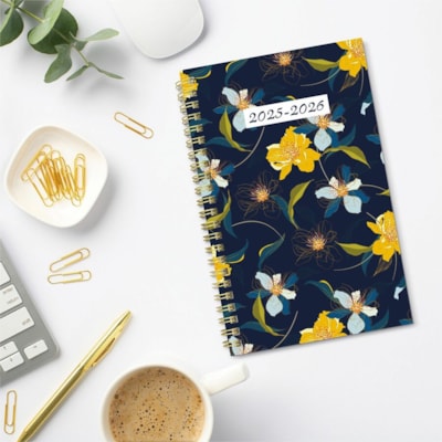 Brownline Academic Weekly Planner Blossom 2024-2025, Bilingual, CA114BPG - Academic - Weekly, Monthly - 13 Month - July 2024 to July 2025 - 1 Week Double Page Layout - 5" (127 mm) x 8" (203.20 mm) Sheet Size - Twin Wire - Multicolor - Paper - Blossom Navy Poly Cover - Monthly Planner, Ruled, Sticker  