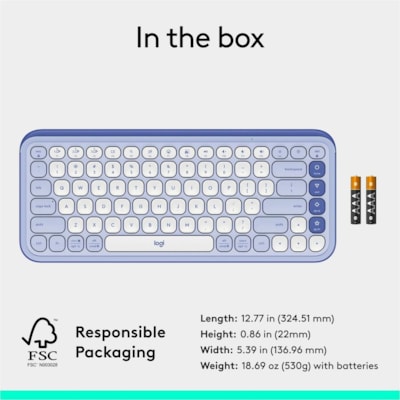 Logitech POP Icon Keys Keyboard - Wireless Connectivity - Bluetooth - 5.1 - 32.81 ft (10000 mm) - USB Interface - Easy-Switch, Power Switch Hot Key(s) - ChromeOS, Windows 10, Windows 11, Mac OS X 12.0 Monterey, Linux, Android 12, iOS 15, iPadOS 15 - PC, Mac - Recycled Plastic - AAA Battery Size Supp  WRLS 
