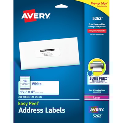 Avery® - Étiquettes rectangulaires blanches avec technologie Sure Feed - largeur de 1 21/64 po (33,78 mm) x longueur de 4 po (101,60 mm) - Permanent Adhésif - Rectangulaires - Laser - Blanc - Papier - 14 / Feuille - 25 Total de feuilles - 350 Total d'étiquette(s) - 350 / emballage PERM. BORD-éCLAIRMC BLANCHES 4"X1-1/3"  350 éTQ./PQT LASER