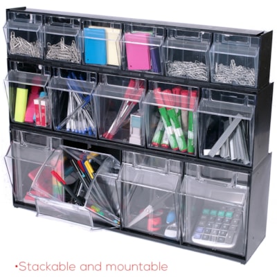Deflecto Tilt Bin Interlocking Multi-Bin Storage Organizer - 5 Compartment(s) - 6.5" (165.10 mm) Height x 23.6" (600.08 mm) Width x 5.3" (133.35 mm) Depth - Interlockable - Black - Plastic - 1 Each BLACK WITH 5 CLEAR REMOVABLE BINS  MODULAR