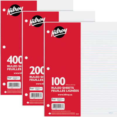 Hilroy 7mm Ruled With Margin Filler Paper - 400 Sheets - 3-ring Binding - 24 lb (10886.22 g) Basis Weight - 10 7/8" (276.10 mm) x 8 3/8" (212.60 mm) Sheet Size - White Paper - Hole-punched, Heavyweight, Tear Resistant - 400 / Pack LINED 3HOLES 16LB STOCK RULE PAPER