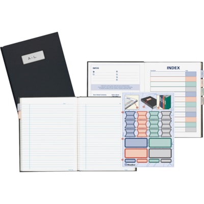 Blueline Hardbound Business Books - 96 Sheets - 192 Pages - Perfect Bound - Ruled Blue Margin - 9 1/4" (234.95 mm) x 7 1/4" (184.15 mm) Sheet Size - White Paper - Black Cover - Hard Cover, Self-adhesive, Index Sheet - Recycled - 1 Each STIFF VINYL COVER REINFORCED HINGE RULED W/ MARGIN 192 PAGE