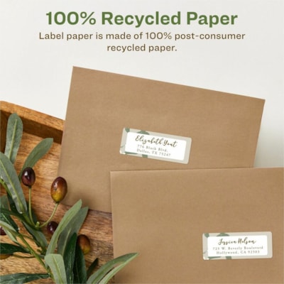 Avery® Eco-Friendly Address Labelsfor Laser and Inkjet Printers, 1" x 2-5/8" - 1" (25.40 mm) Width x 2 5/8" (66.68 mm) Length - Permanent Adhesive - Rectangle - Laser, Inkjet - Matte - White - Paper - Recyclable, PVC-free, Permanent Adhesive, Customizable, Chlorine-free, Water Based, Peel-off -  1X2-5/8  30LBLS/SHT  25SHT/PK 750/PK INKJET & LASER COMPAT.