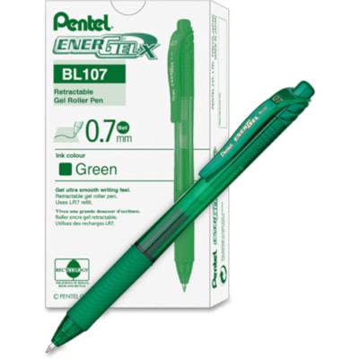 EnerGel-X Retractable Gel Roller, (0.7mm) Metal Tip, Green Ink - Pentel EnerGel X Retractable Liquid Gel Rollerball Pen, Everyday Writing, Office Supplies, School Supplies, 0.7mm Medium Point, Green Ink ROLLER BALL PENS 