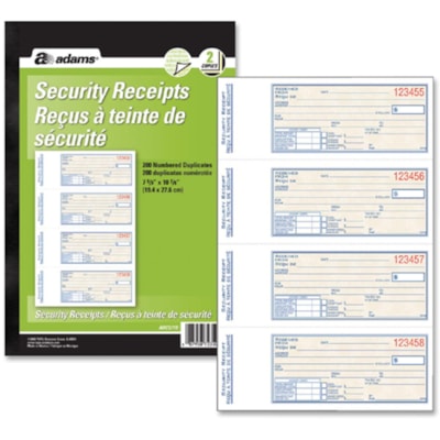 Adams Security Receipt Book - 200 Sheet(s) - 2 Part - Carbonless Copy - 2.75" (69.85 mm) x 7.12" (180.85 mm) Form Size - White, Yellow - 1 Each 2PT 200 DUPLICATES  CARBONLESS BILINGUAL 7-5/8" X 10-7/8"