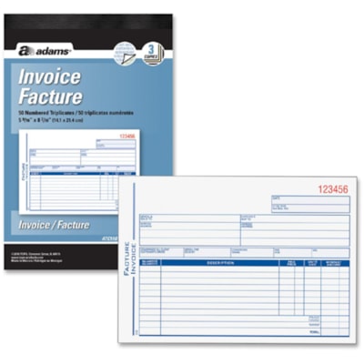 Adams Invoice Form Book - Twin Wirebound - 3 Part - 5.56" (141.22 mm) x 8.43" (214.12 mm) Form Size - White, Yellow - 1 Each 5 9/16" X 8 7/16"  50/PAD 