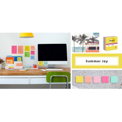 Post-it® Super Sticky Note Pads - Summer Joy Color Collection - 3" (76.20 mm) Flag/Note Width x 3" (76.20 mm) Flag/Note Length - Square - 90 Sheets per Pad - Citron, Papaya Fizz, Power Pink, Washed Denim, Fresh Mint - Sticky, Recyclable - 12 / Pack 654-12SSJOY  SUMMER JOY 3 IN X 3 IN (76 MM X 76 MM)
