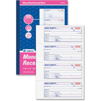 Adams Tapebound 3-part Money Receipt Book - 100 Sheet(s) - Tape Bound - 3 Part - Carbonless Copy - 2.75" (69.85 mm) x 7.62" (193.55 mm) Form Size - White, Canary, Pink - Assorted Sheet(s) - 1 Each CARBONLESS MONEY/RECEIPT BOOKS CANARY & PINK DUPLICATEBEHIND