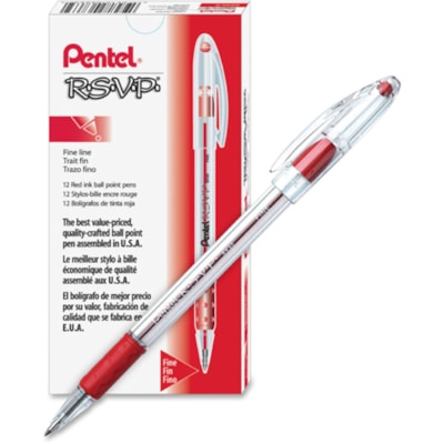 Pentel - Stylo à bille RSVP - 0,7 mm (0,03 po) Fine Pointe de stylo - Rechargeable - Ink Rouge - Barrel clair - 1 chaque PRISE CONFORT  R.S.V.P. ÉCONO. UTILISE RECHARGE #RFJ3F-3
