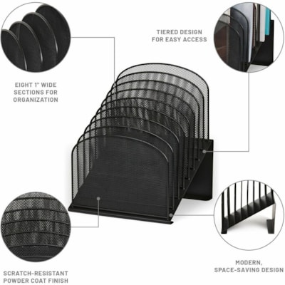 Safco Onyx Wire Mesh Desktop Organizer - 8 Compartment(s) - Compartment Size : 1" (25.40 mm) - 14" (355.60 mm) Height x 11.8" (298.45 mm) Width x 10.8" (273.05 mm) Depth - Desktop - Powder Coated - Black - Steel - 1 Each 8 TIERED SECTIONS EACH 1" WIDE 11 3/4"W X 10 3/4"D X 14"H