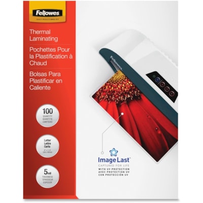 Fellowes - Pochette de plastification à chaud - Sheet Size Supported : format lettre largeur de 9 po (228,60 mm) x longueur de 11,50 po (292,10 mm) - Taille de pochettes de plastification/feuilles de lamination : largeur de 9 po (228,60 mm) x épaisseur de 5 mil (0,13 mm) - Brillant - Typ FORMAT LETTRE  9 X 11 1/2 PO FLÈCHES DIRECT.  EMB. DE 100