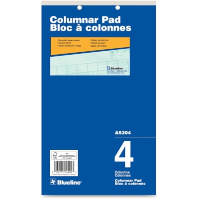 Blueline Columnar Pad - 50 Sheet(s) - Gummed - 8 1/4" (21 cm) x 14" (35.6 cm) Sheet Size - 2 x Holes - 4 Columns per Sheet - Green Sheet(s) - Blue Cover - Recycled - 1 Each 50 SHT GRN TINT 2 HOLE TOP PUNCHED 43 LINES DOMINION