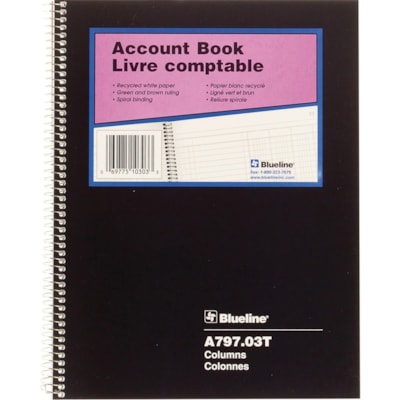 Blueline 797 Series Accounting Book - 100 Sheet(s) - Spiral Bound - 8" (20.3 cm) x 10 1/4" (26 cm) Sheet Size - 3 Columns per Sheet - White Sheet(s) - Black Cover - Recycled - 1 Each 100 PG C/BOUND 30 LINES WHT PAPER RULED RED & GRN BLUELINE