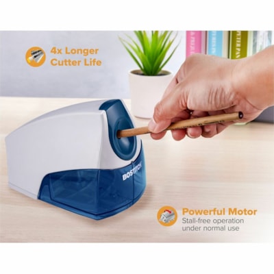 Bostitch Personal Electric Pencil Sharpener - Desktop - 1 Hole(s) - Helical - 4.25" (107.95 mm) Height x 4" (101.60 mm) Width - Blue, Silver - 1 Each HHC CUTTER TECHNOLOGY HIGH CAP SHAVINGS TRAY  BLUE