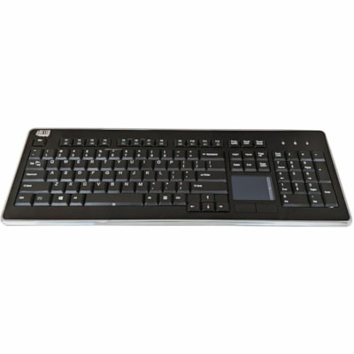 Adesso Wireless Desktop Touchpad Keyboard - Wireless Connectivity - RF - 30 ft (9144 mm) - 2.40 GHz - USB Interface - 104 Key(s) - On/Off Switch Hot Key(s) - English (US) - QWERTY Layout - Desktop Computer - TouchPad - Membrane Keyswitch - AAA Battery Size Supported - Black top Touchpad Keyboard ard (glazing black c