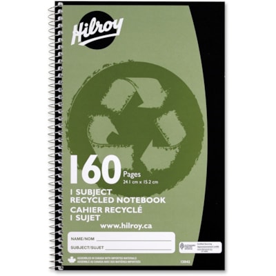 Hilroy 1-Subject Recycled Personal Size Notebook - 160 Sheets - Spiral - Ruled Margin - 6" (152.40 mm) x 9 1/2" (241.30 mm) Sheet Size - Recycled - 1 Each 9.5 X 6   160 PAGES 